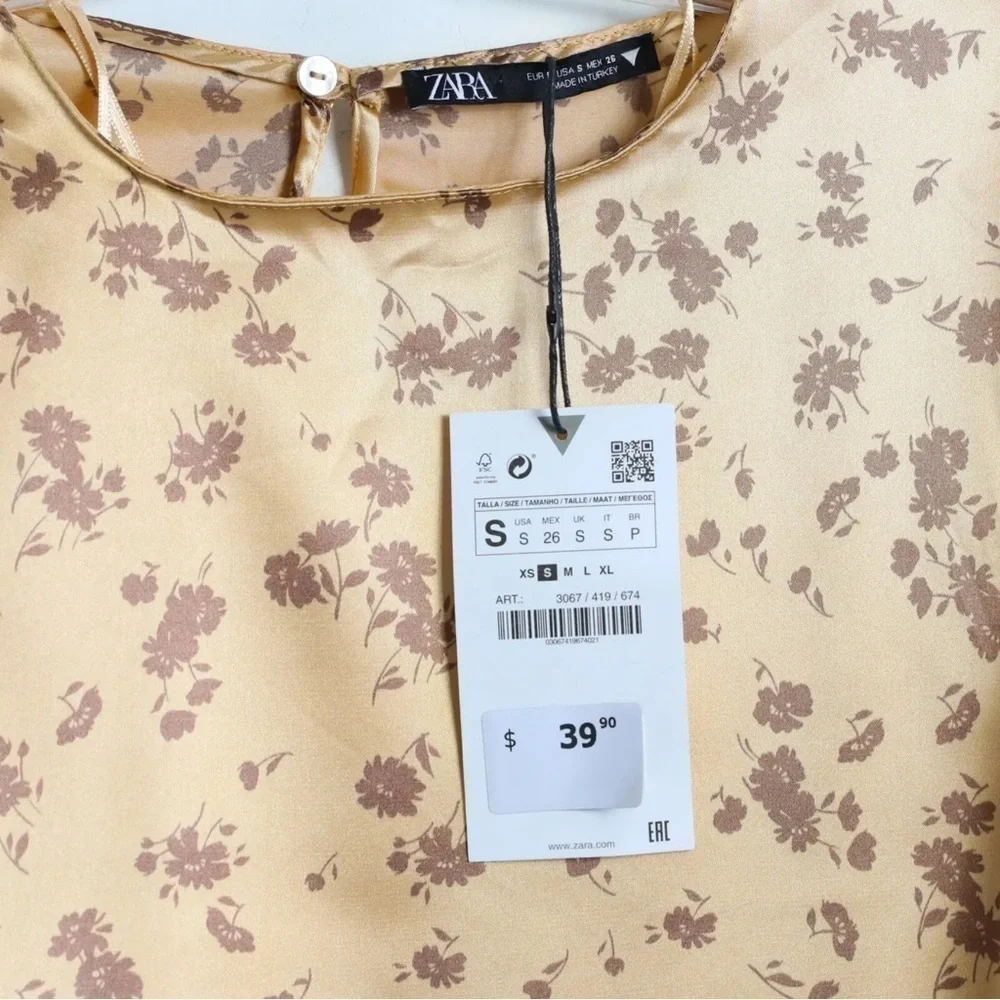NWT Zara crop floral print top satin blouse 3067419674 peach pastel blouse fairy - Picture 3 of 8